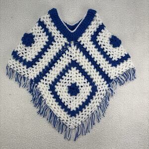 Handmade Knit Poncho Granny Square Blue White Crochet Festival Chunky Hippie